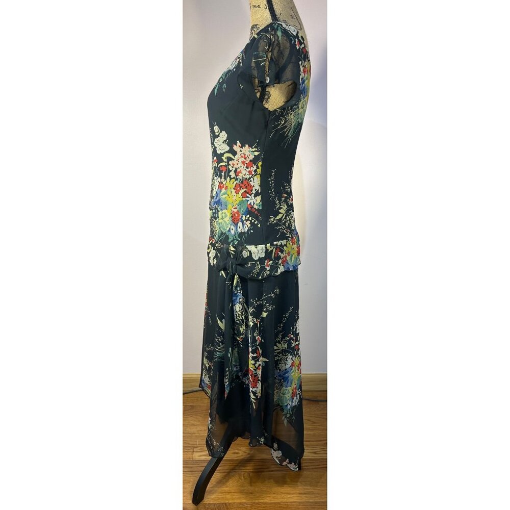 Dress Sz 6 Black Floral Asymmetrical Hem Drop Waist Whimsy Fairy Romantic - Picture 7 of 10